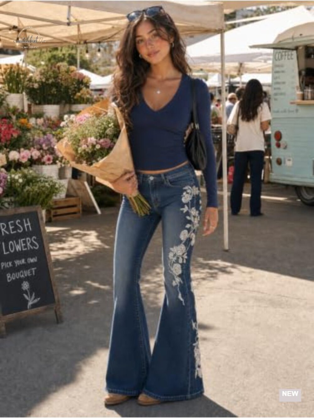 Women's Bell Bottom Jeans Stretchy Flare Mid Rise Embroidery Vintage Denim - Picture 3 of 6